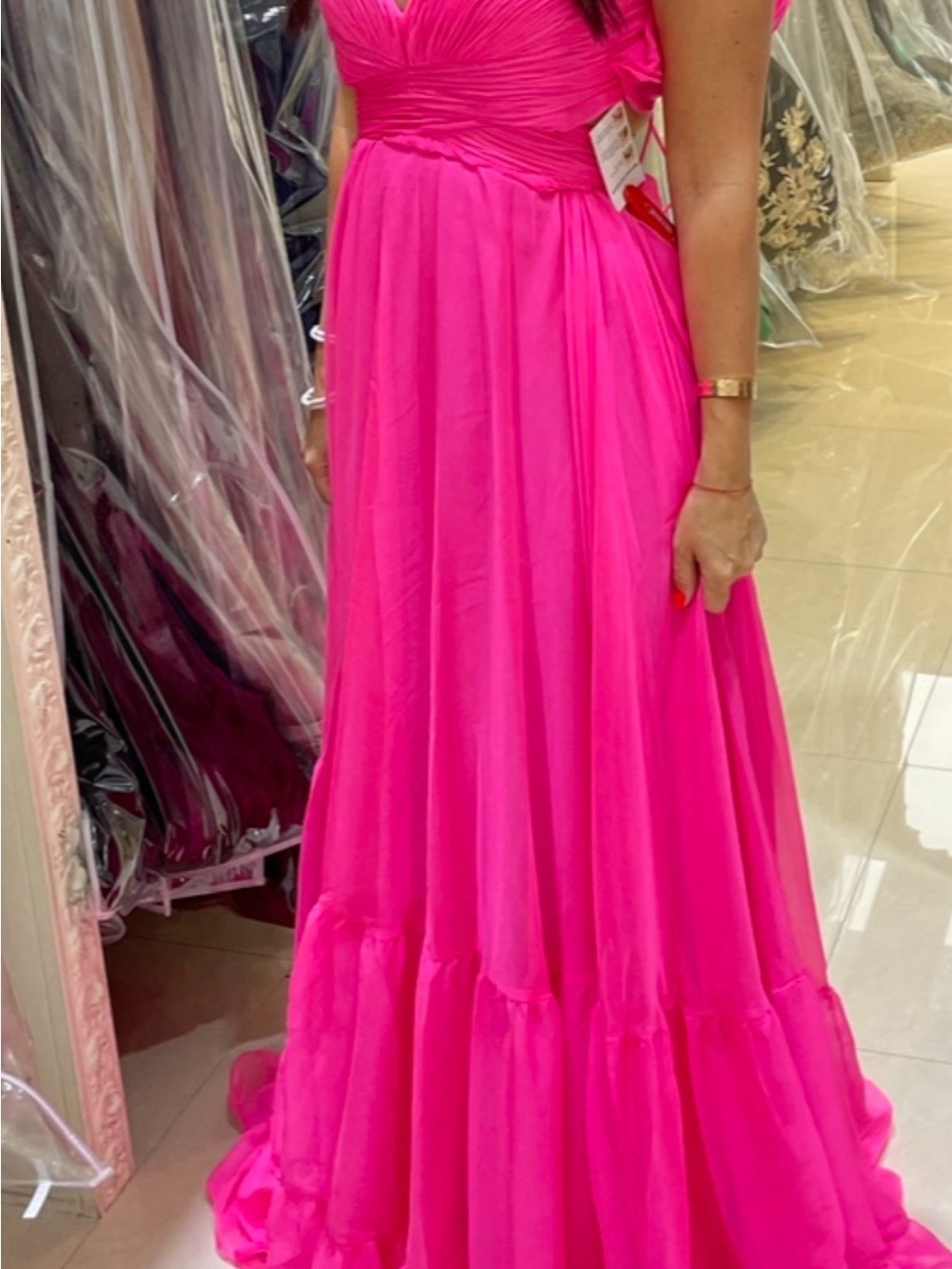 Mac Duggal Hot Pink Ruched Empire Waist Evening Gown